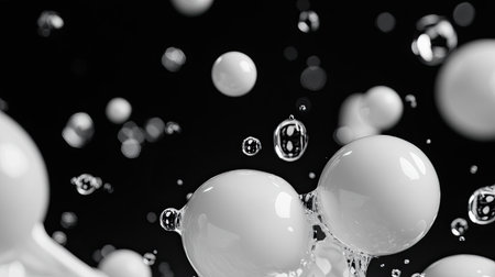 Captivating abstract image featuring black and white bubbles and spheres, creating a visually striking background with fluid motion and dynamic shapes.の素材