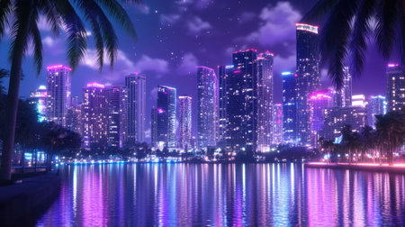 A breathtaking nighttime cityscape featuring a vibrant skyline illuminated by neon lights. The serene water reflects the stunning urban landscape under a starry sky.の素材