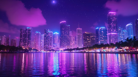 Explore a breathtaking night scene showcasing a vibrant city skyline illuminated by colorful lights. Reflections shimmer on the water, creating a peaceful ambiance.の素材