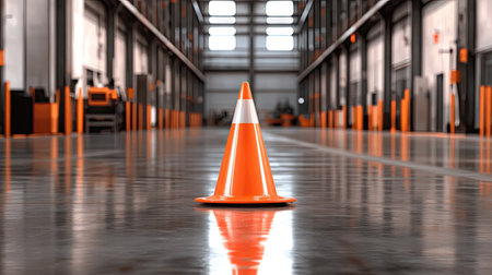 A bright orange traffic cone is prominently placed on a polished warehouse floor, highlighting safety and organizational themes in an industrial environment.の素材