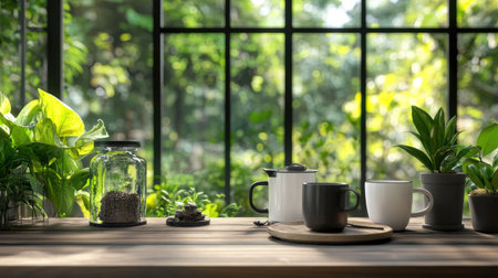 A serene morning setting featuring coffee cups and lush indoor plants beside a window, allowing natural light to enhance the tranquil atmosphere.の素材
