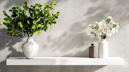 A beautiful arrangement of greenery and delicate flowers on a clean, modern white shelf, showcasing simplicity and elegance in interior design.の素材