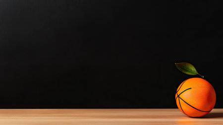 A creative still life of an orange basketball resting on a wooden table against a black background. The contrasting colors evoke a playful and modern aesthetic.の素材