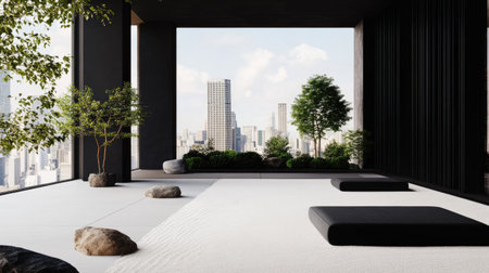 A serene modern minimalist interior featuring a spacious view of the city skyline. The design incorporates natural elements, creating a calm and inviting atmosphere.の素材