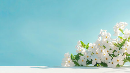 A beautiful arrangement of fresh white flowers with green leaves set against a soft blue background. Perfect for conveying tranquility and freshness.の素材