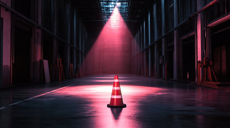 A striking red traffic cone stands alone in a dark warehouse, illuminated by a pink beam of light. This captivating image showcases contrasts and minimalism in an industrial setting.の素材