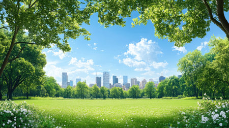 A stunning view of a lush green park framed by city skyscrapers under a bright blue sky. This peaceful landscape showcases nature and urban life harmoniously.の素材