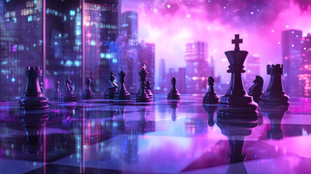 A captivating chess scene set against a vibrant neon city backdrop evokes strategy and competition. The glossy reflections enhance the futuristic atmosphere.の素材