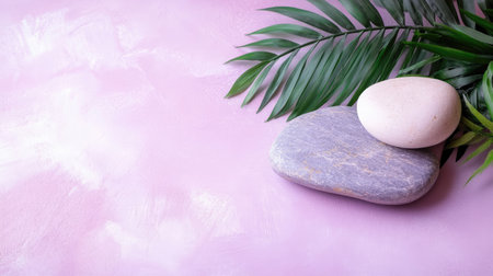 Embrace relaxation with this serene composition featuring smooth stones and green palm leaves on a pastel pink background, perfect for wellness themes.の素材