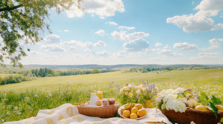 Experience a tranquil picnic set in a lush meadow, featuring vibrant fruits and flowers, all under a bright blue sky adorned with fluffy clouds. Ideal for relaxation.の素材