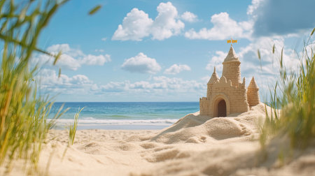 A picturesque sandcastle stands on a serene beach, framed by soft grass and under a vibrant blue sky. Perfect for summer vacation themes.の素材