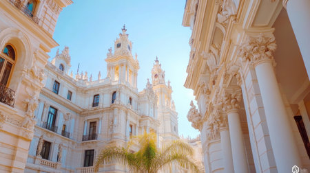 Captivating view of an elegant historic building with intricate architectural details, illuminated by bright sunlight, offering a glimpse into classic design and urban beauty.の素材