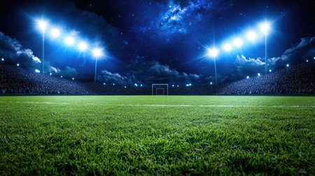 A stunning view of a soccer field illuminated by bright lights under a night sky filled with stars. This image captures the excitement of nighttime sports events with a vibrant atmosphere.の素材
