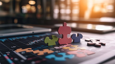 Colorful puzzle pieces arranged on financial charts symbolize problem-solving and strategic planning in a modern workspace with a tablet in the background.の素材
