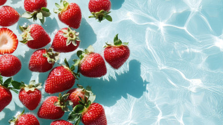 A stunning arrangement of fresh strawberries floating on a clear water surface, illuminated by bright sunlight, creating a refreshing summer scene.の素材
