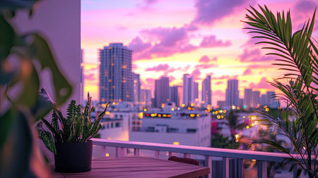 Captivating sunset view from a balcony featuring an urban skyline with vibrant colors. A perfect blend of nature and city life, ideal for travel inspiration.の素材