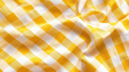 Vibrant yellow and white gingham fabric displays a soft texture perfect for various creative projects, from home decor to fashion and crafts.の素材