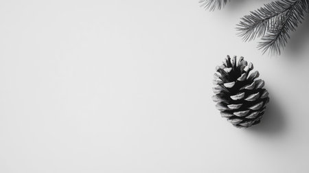 A serene composition featuring a pine cone and evergreen branches set against a white background, perfect for winter themes and nature-inspired designs.の素材
