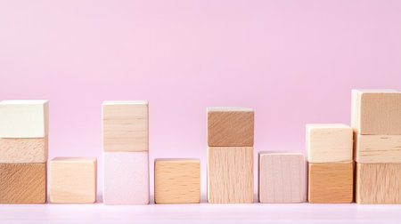 A collection of wooden building blocks arranged in various heights against a soft pink background, perfect for promoting creativity and play in children.の素材