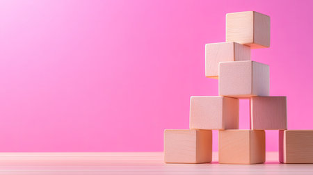 Colorful wooden blocks in various sizes stacked against a pink background. Perfect for children's play, education, design projects, and creative exploration.の素材