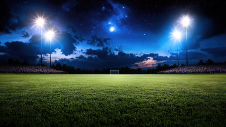 A stunning view of a football field illuminated by bright stadium lights under a dramatic night sky filled with stars and clouds. Perfect for sports-themed projects.の素材