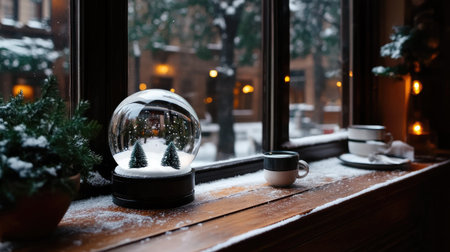 A serene winter scene captures a snow globe with miniature trees beside a warm drink, creating a cozy atmosphere by the window, perfect for holiday inspiration.の素材