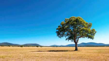 A stunning solitary tree stands proudly on vast grassland under a clear blue sky, capturing the essence of tranquility and natural beauty in the landscape.の素材