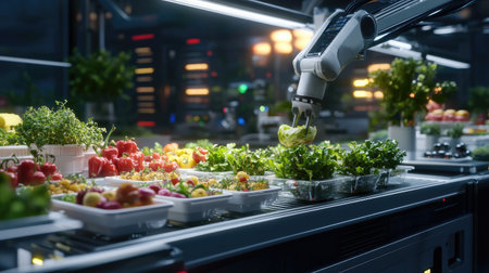A robotic arm autonomously harvests fresh vegetables in a modern hydroponic farm, showcasing the future of automated agriculture and innovative farming solutions.の素材