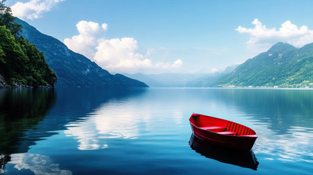 A serene red boat floats peacefully on a calm lake surrounded by majestic mountains and a clear blue sky, creating a tranquil scene ideal for relaxation.の素材