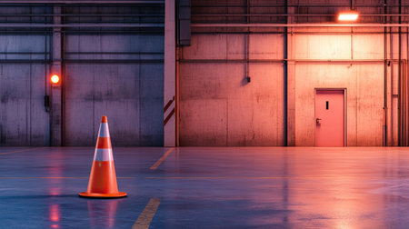 A vibrant scene featuring an orange traffic cone positioned in an industrial space, illuminated by colorful lighting. The clean floor and stark walls create a modern yet minimal backdrop, ideal for visual projects.の素材