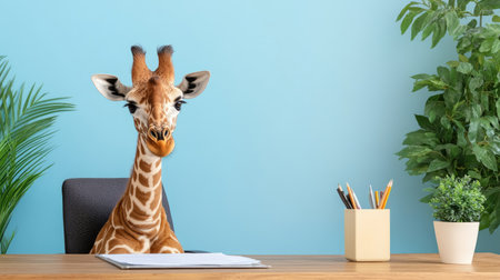A whimsical depiction of a giraffe sitting at a modern desk, blending nature with office life. This playful image brings creativity and joy to the workspace.の素材