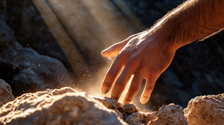A hand reaches toward the ground, surrounded by sparkling dust illuminated by sunlight. This serene moment captures the beauty of nature and human interaction.の素材