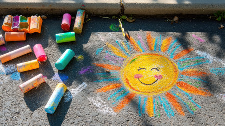 A vibrant chalk drawing of a smiling sun on a concrete surface, surrounded by colorful chalk pieces. This cheerful artwork captures the essence of childhood creativity and summer joy.の素材