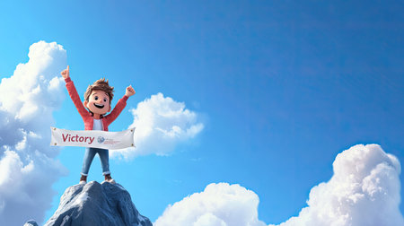 A colorful illustration of a joyful cartoon child celebrating a victory on top of a mountain, surrounded by fluffy clouds and a bright blue sky, symbolizing achievement and positivity.の素材