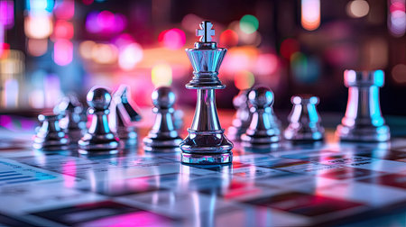 A captivating chess king piece stands prominently on a game board, surrounded by other pieces in a vibrant, neon-lit setting, symbolizing strategy and competition.の素材