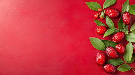 Fresh red jujubes with lush green leaves arranged on a bright red background, showcasing vibrant colors and natural beauty, ideal for healthy lifestyle themes.の素材