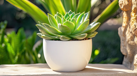 A vibrant green succulent in a sleek white pot, placed on a natural stone surface. This natural arrangement brings a touch of fresh tranquility to any space, ideal for home decor.の素材