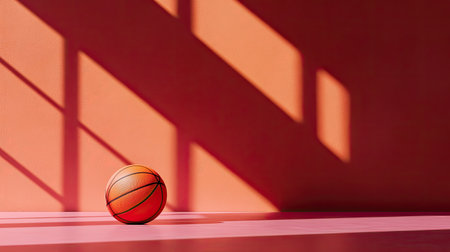 A vibrant basketball rests on a smooth surface, casting striking shadows. The colorful background enhances its energetic appeal, perfect for sports-related designs.の素材