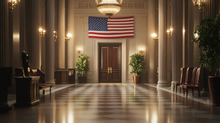 A stunning view of an elegant interior space featuring classic architecture, a prominent American flag, and rich decorative elements, exuding history and grandeur.の素材
