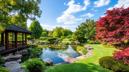 A peaceful garden landscape featuring a serene pond surrounded by vibrant foliage and colorful flowers, ideal for relaxation and outdoor enjoyment.の素材