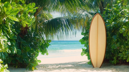 Discover a serene tropical beach featuring a surfboard nestled among lush greenery. This vibrant setting evokes the spirit of adventure and relaxation.の素材