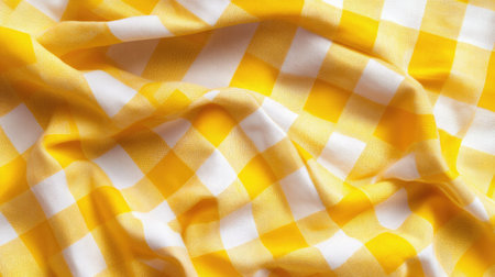 This image showcases a vibrant yellow and white checkered fabric with a soft, smooth texture. Perfect for home decor, fashion, and creative projects.の素材