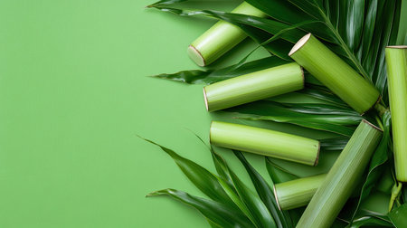 A vibrant arrangement of green bamboo and leaves on a bright green background. This image evokes feelings of nature, freshness, and tranquility, perfect for eco-friendly themes.の素材