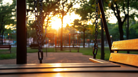 A serene park scene featuring an empty swing and bench bathed in warm sunset light, surrounded by lush trees and a peaceful atmosphere. Ideal for relaxation.の素材