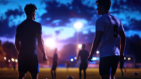 Two young athletes stand on a soccer field at night, preparing for an upcoming match. The twilight sky adds a dramatic backdrop, highlighting their focus and dedication.の素材