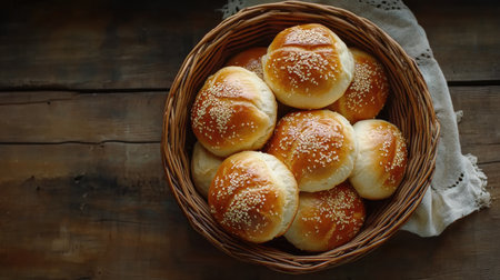 A beautiful display of freshly baked soft bread rolls topped with sesame seeds, arranged in a rustic wooden basket, perfect for any meal or gathering.の素材