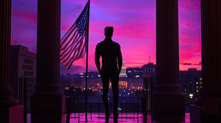 A silhouette of a person stands at the balcony, gazing at the Capitol Building bathed in vibrant sunset colors. The American flag gently waves, symbolizing freedom and reflection.の素材