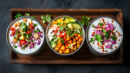 Discover a vibrant display of healthy bowls featuring fresh ingredients, colorful toppings, and a mix of flavors. Perfect for healthy meals and snacks.の素材