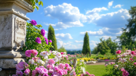 A stunning garden scene showcasing vibrant pink flowers under a bright blue sky. The lush greenery adds tranquility, making it a perfect relaxing outdoor escape.の素材