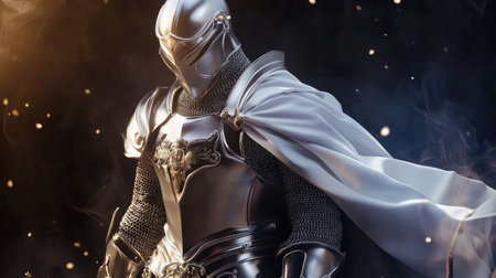 A silver armored knight stands resolutely, adorned with intricate details and a flowing white cape, evoking a sense of strength and mystery in a fantasy setting.の素材